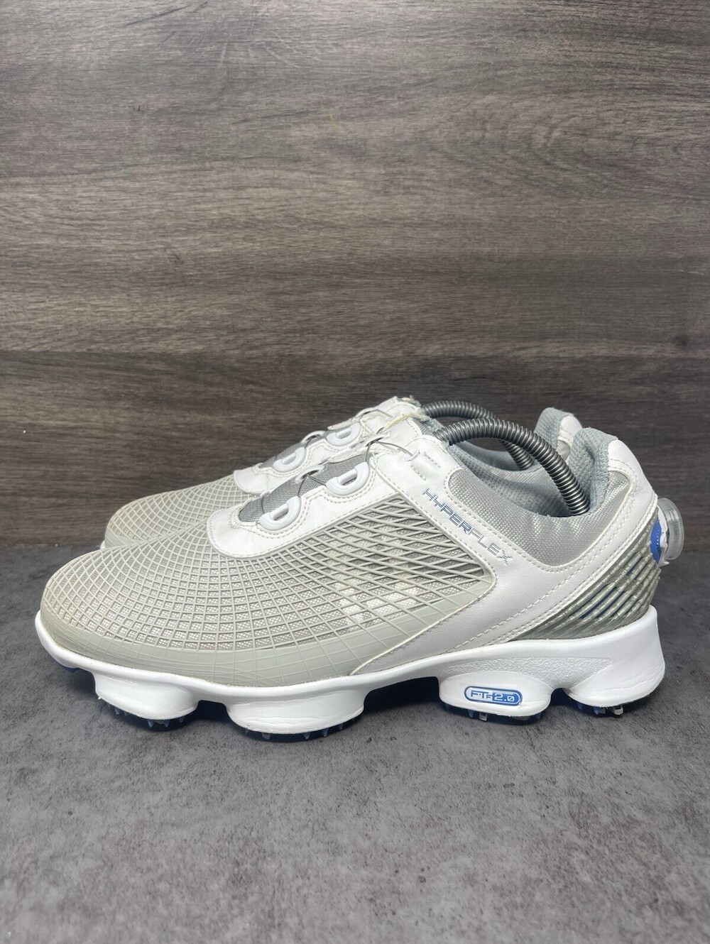FootJoy HyperFlex BOA Mens Size 8.5 Wide White Gray Blue Spiked Golf Shoes 51053